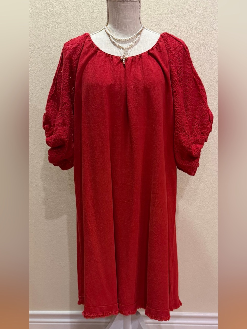 UMGEE Linen & Cotton Red Puff-Sleeve Women’s Dress